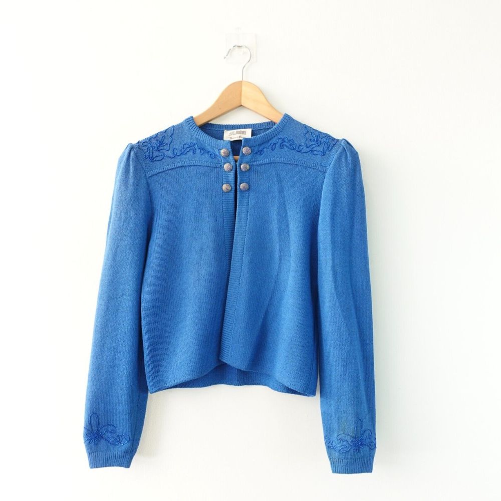 St John Wool Knit Crop Cardigan S Vintage Y2k Blue Jewel Button Neiman Marcus